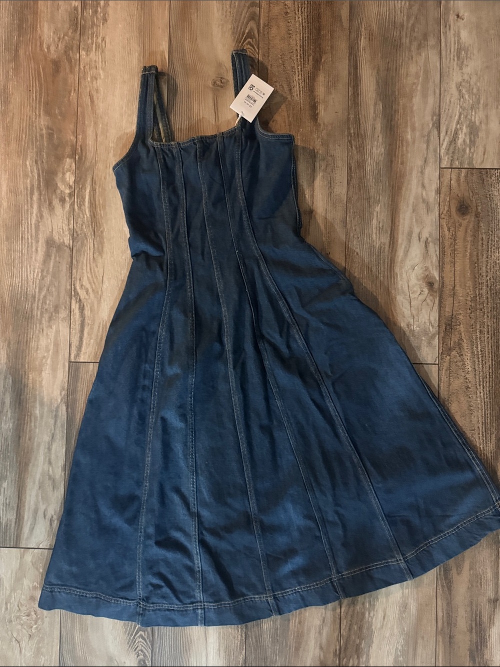 Dark Blue Denim Midi Dress with Fitted Bodice - Women
